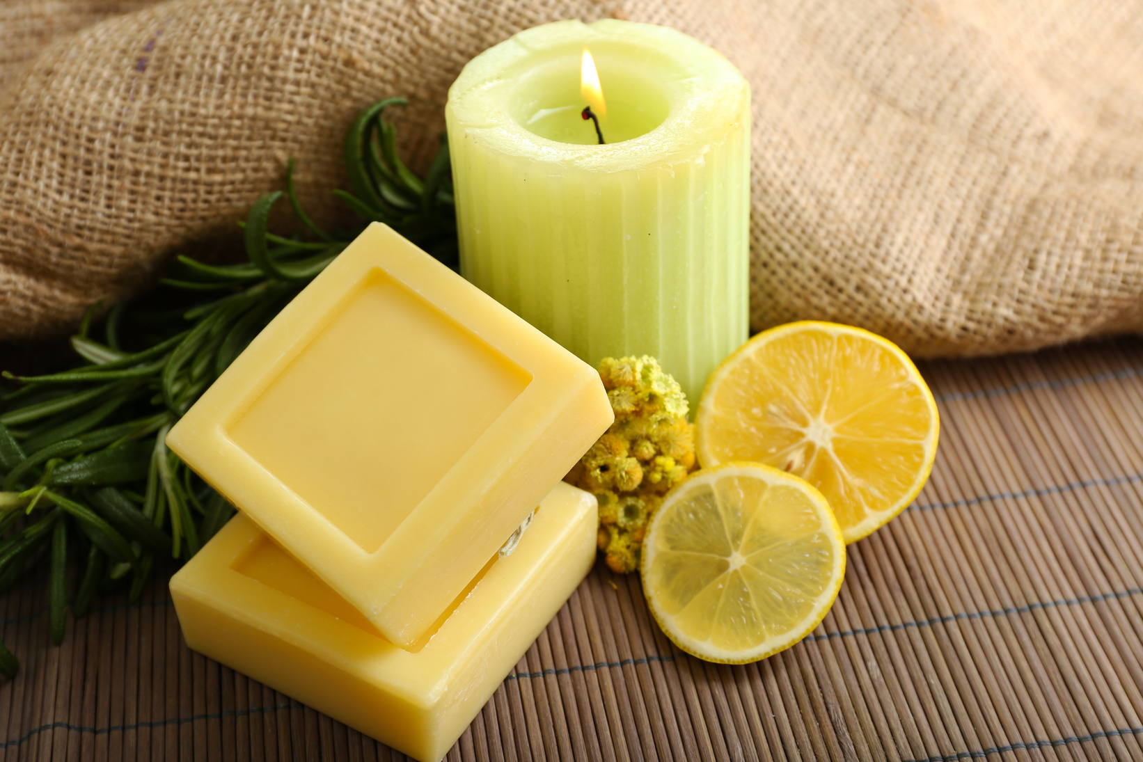 Bar of Organic Soap with Lemon, Rosemary, Flower and Candle