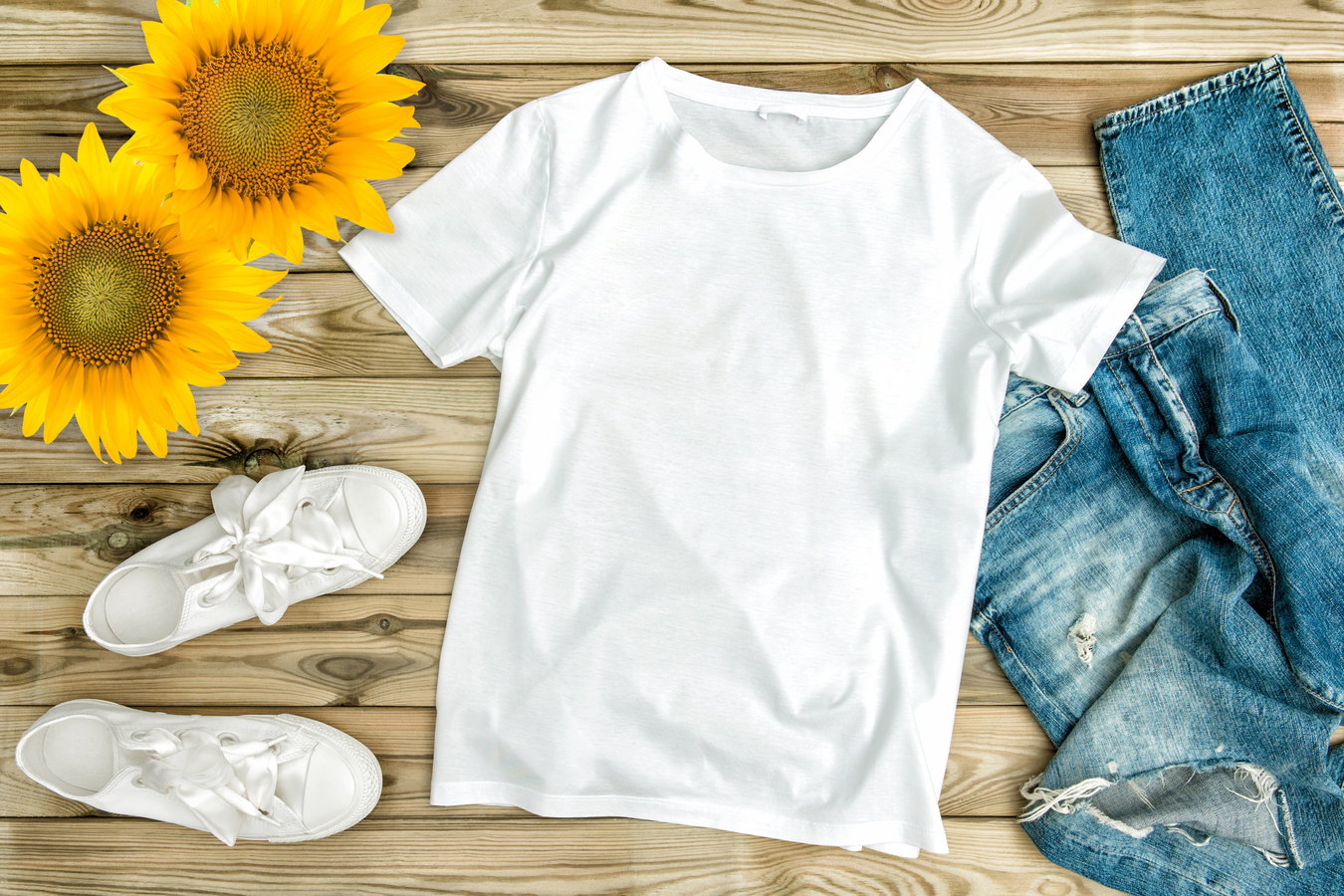 T-shirt mockup sunflowers template Fashion flatlay